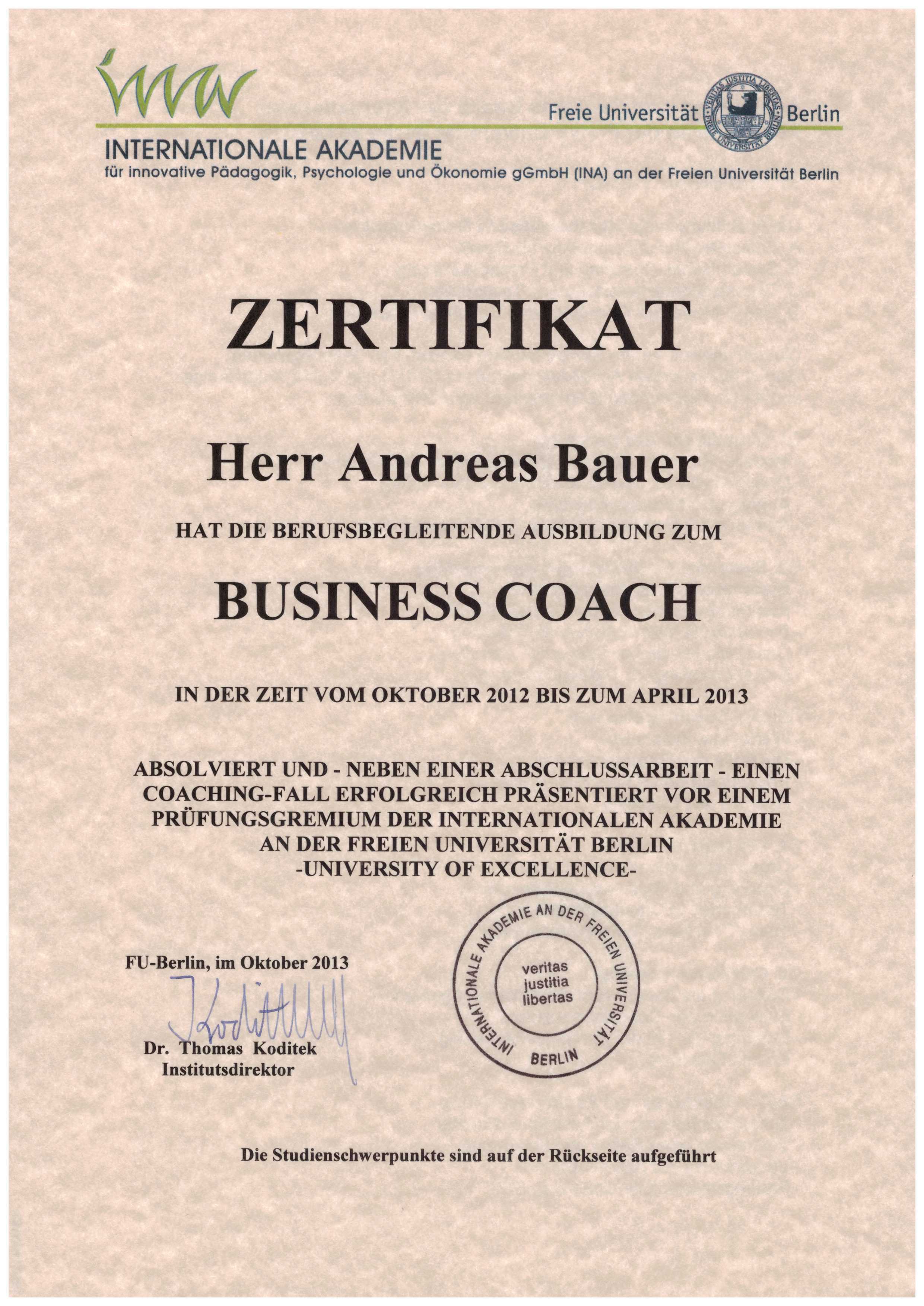 Andreas Bauer Online Coach Zertifikat Uni Berlin