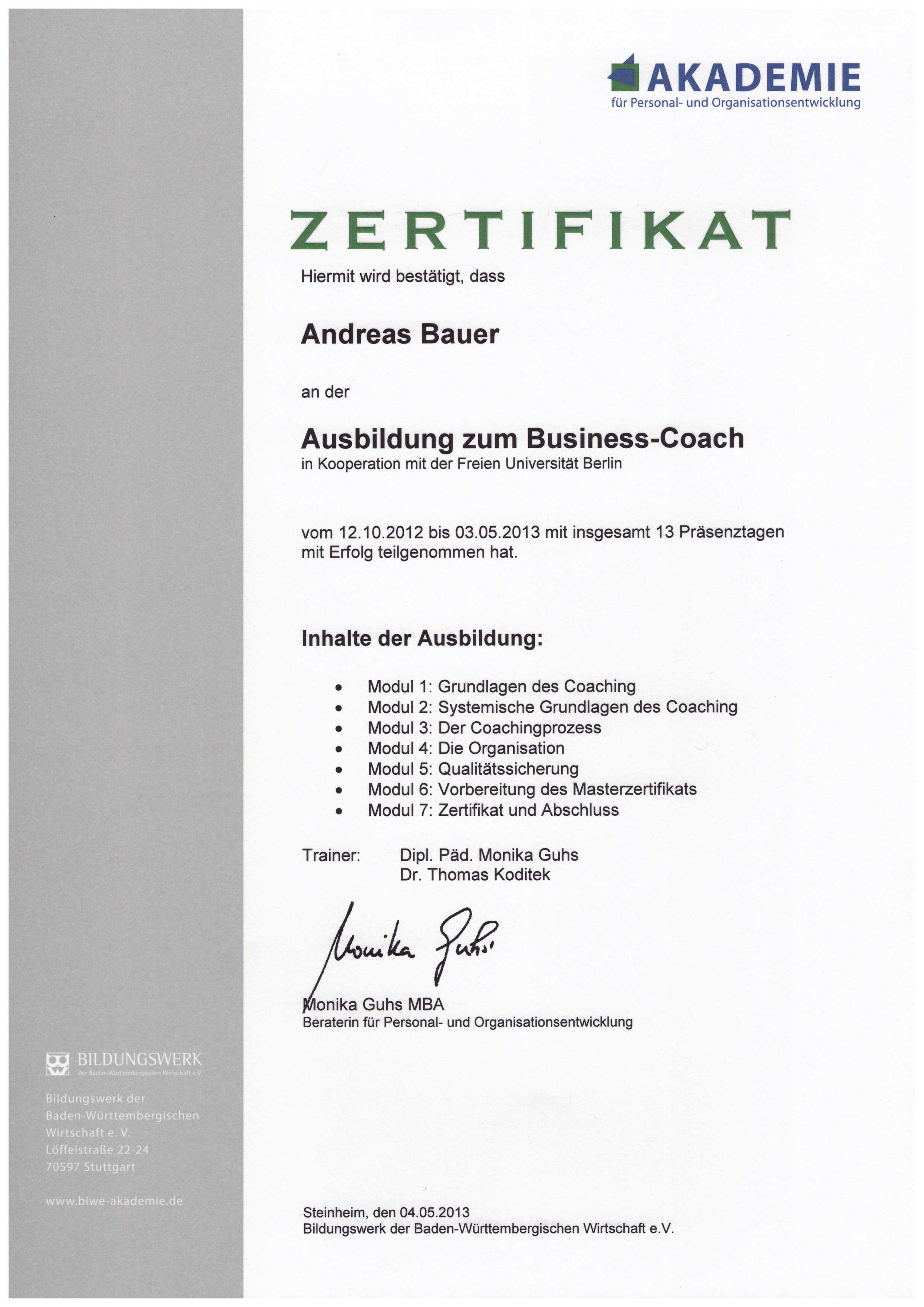 Andreas Bauer Online Coach Zertifikat Uni Berlin Akademie